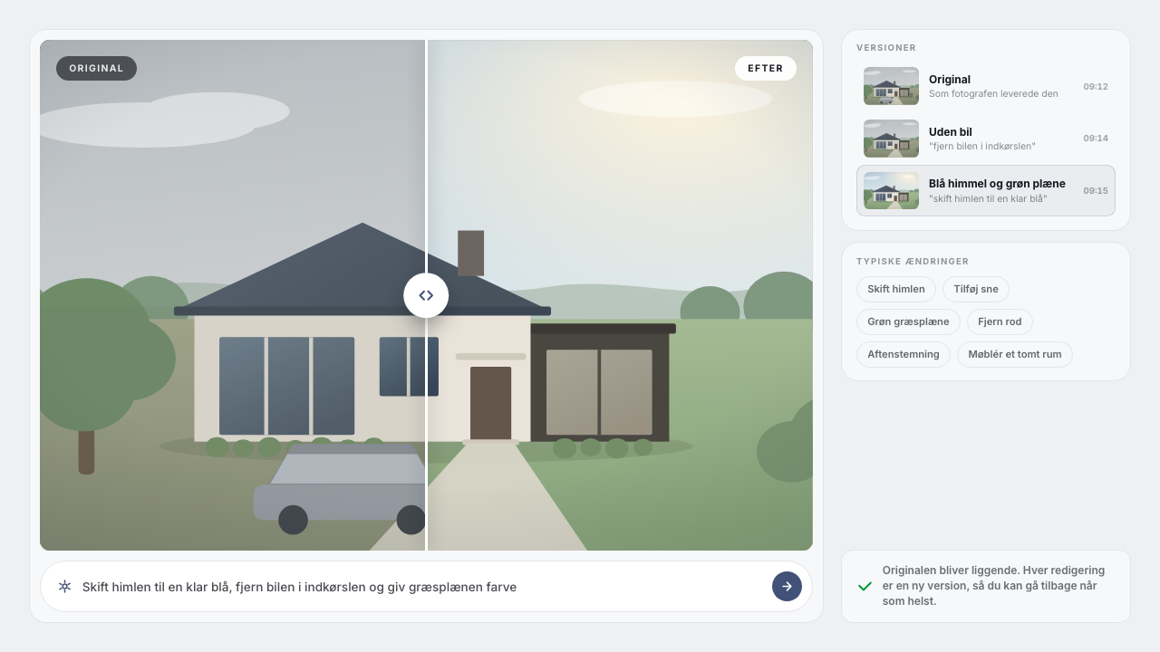 Det samme billede før og efter en redigering: grå himmel og en bil i indkørslen til venstre, klar himmel og ryddet indkørsel til højre, med versionerne listet ved siden af.