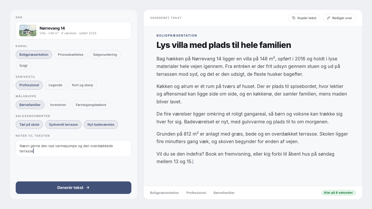Smart Text: kanal, skrivestil, målgruppe og egne salgsargumenter til venstre, og den færdige boligtekst til højre.